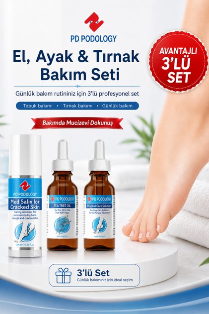 3’lü El Ayak ve Tırnak Bakım Seti - Topuk Bakım Kremi 100 ml, Çay Ağacı Yağı 30 ml, Tırnak Bakım Solüsyonu 30 ml