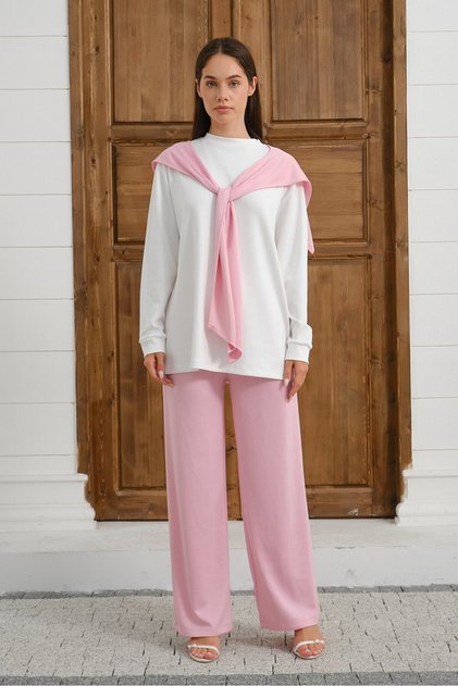 Pembe Kadın Şal Detaylı Eşofman Takımı Rahat Kalıp Uzun Kollu Sweatshirt Geniş Paça Eşofman Altı