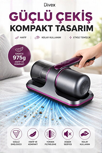 Divex Şarjlı UV Yatak Süpürgesi 8000Pa Güçlü Emiş Çift Titreşim