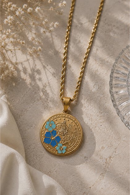 Blue Flower Medallion Steel Necklace (Gold Color)