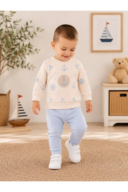 Anchor Patterned 100% Cotton Soft Textured Men's Crew Neck Top and Bottom Baby Kids Set