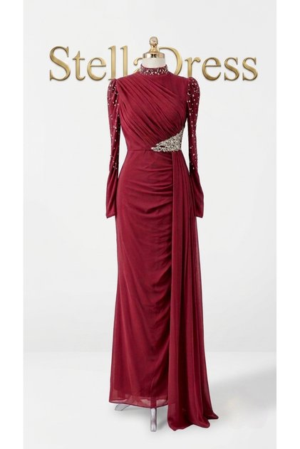 Bordo Pelerin ve Taş Detaylı Abiye