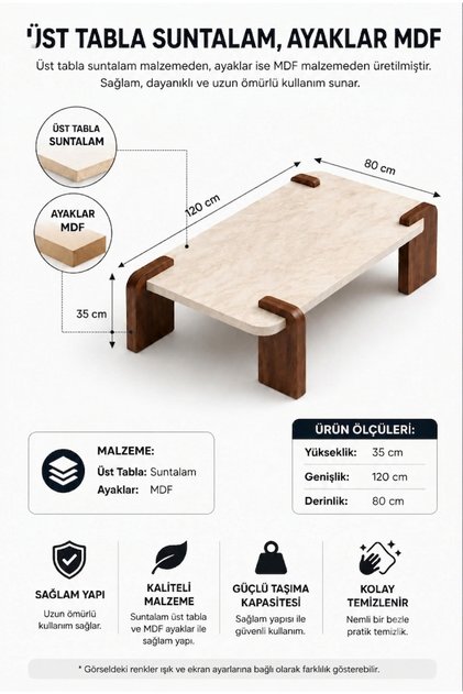 80X120 Traverten Orta Sehpa Modern Ceviz Ayaklı Dikdörtgen Doğal Taş görünüm Salon Sehpası Premium