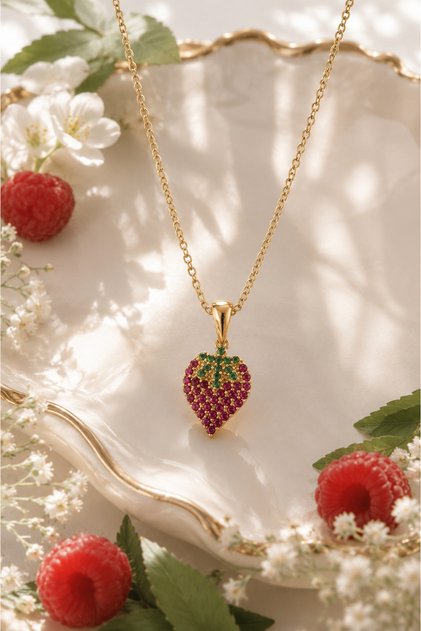 Strawberry Figured Colorful Stone Steel Necklace (Gold Color)