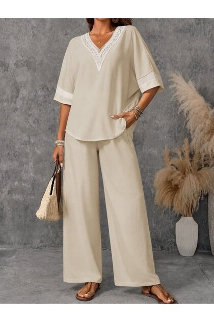 Women's Short Sleeve V Lace Collar Aerobin Blouse and Trousers Two-Piece Set