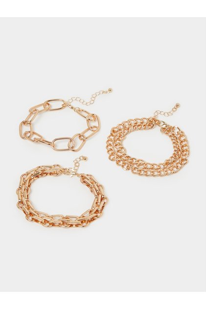 Set Of 3 - Gold Tone Link Chain Bracelets