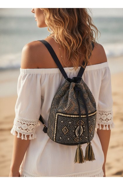 Rucsac Boho Negru si Auriu, brodat manual, geanta de plaja, 30x30 cm