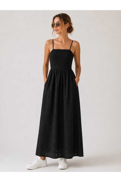 New Season Modern 100% Cotton Brode Lined Strappy Square Neck Maxi Women's Dress