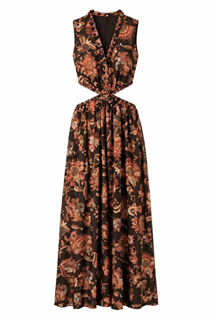 Beli Low-Cut Dress with Gold Detail in Brown