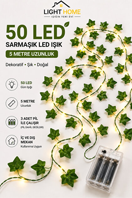 Yapay Sarmaşık Led Işık Dekoratif Peri Led Işıklı Sarmaşık Bahçe Balkon Oda Duvar Süsü – 5 Metre 50 LED
