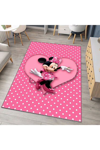 Minnie Mouse Kalpli Pembe Çocuk Odası Halısı | Puantiyeli Kız Çocuk Oyun Halısı | Modern Dekoratif Bebek Odası Halısı | Kaymaz Taban Oyun Halısı, Yıkanabilir Dijital Baskı Halı