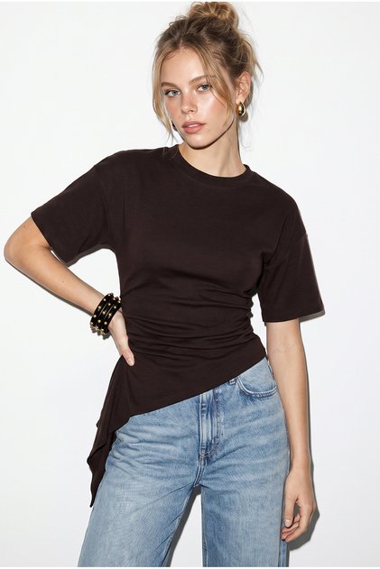 Women's Bitter Coffee Waist-Fitted Soft Textured Cotton Asymmetrical Cut Short Sleeve Blouse Öb261054 60286435