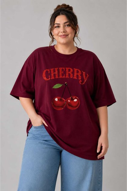 Kadın Oversize Cherry Baskılı Basic Tişört Günlük Rahat Pamuklu Salaş T-Shirt