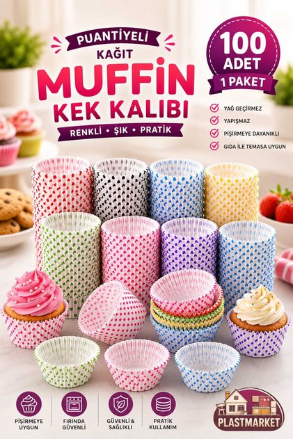 Puantiyeli Muffin Kek Kalıbı | Renkli Kağıt Kek Kapsülü | Yağ Geçirmez Kek Kalıbı | Cupcake Brownie Kek Kalıbı