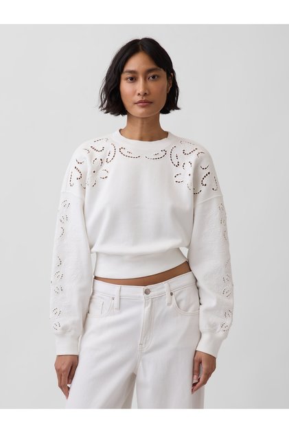 Kadın Beyaz VintageSoft Oversized Eyelet Crop Sweatshirt