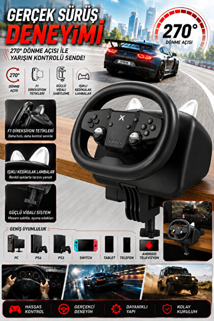 Kablosuz & Kablolu Oyuncu Direksiyonu 270° Dönüş Açılı PC PS4 PS3 Switch Tablet Telefon Android TV Uyumlu Işıklı Titreşimli
