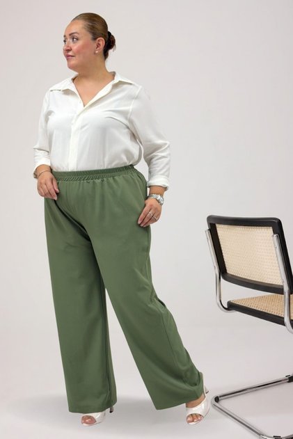 69015 Large Size Nora Pants with Elastic Waist - Khaki