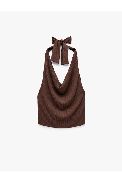 Slim Fit Bürümcük Kumaş Boyundan Bağlamalı Kolsuz Halter Yaka Bluz