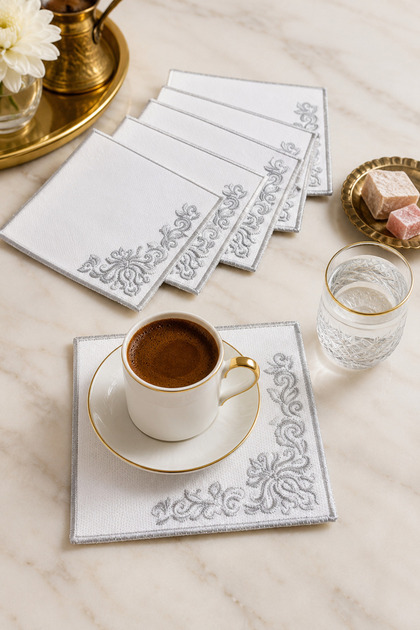 Silver Embroidered Set of 6 Coffee Side Presentation Napkins Dowry Coffee Napkins Spitze