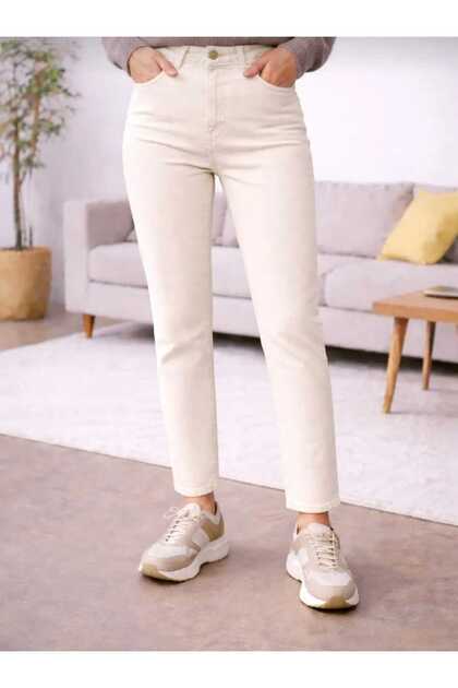 Women's Cream High Waist Mom Jean Pants Stretchy