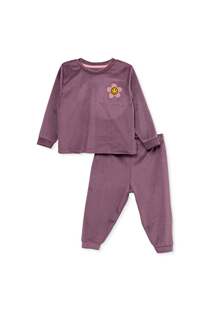HelloBaby Kız Bebek Kadife Pijama Takımı Çiçek Baskılı Çıtçıtlı Bisiklet Yaka Uzun Kol Ribanalı