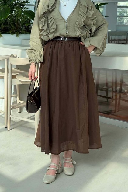 Belted Pocketed Hijab Skirt Bitter Brown