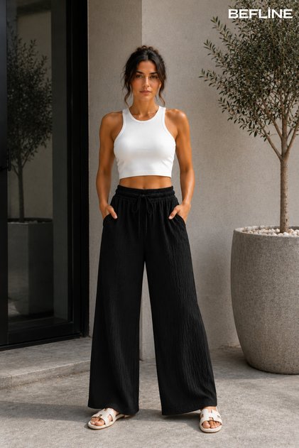 Pantaloni de damă din muselină cu talie înaltă și croială largă | 100% bumbac texturat, croială confortabilă de vară