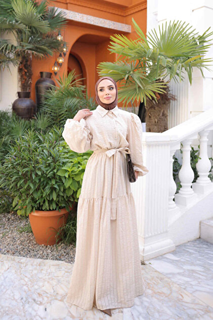 İmajButik Beige Balloon Sleeve Belted Striped Dress