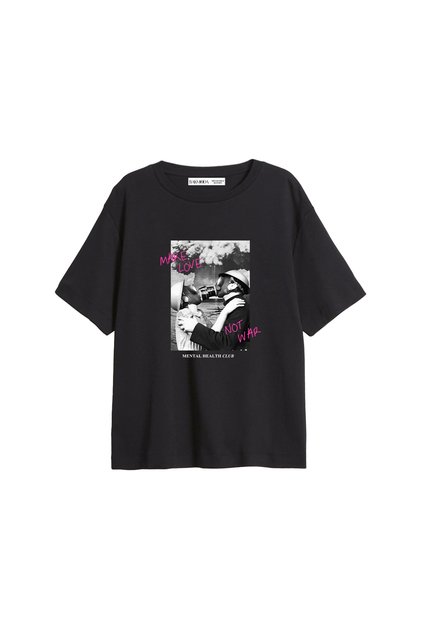 Make Love Not War Printed Relaxed Fit Black Women's Tshirt