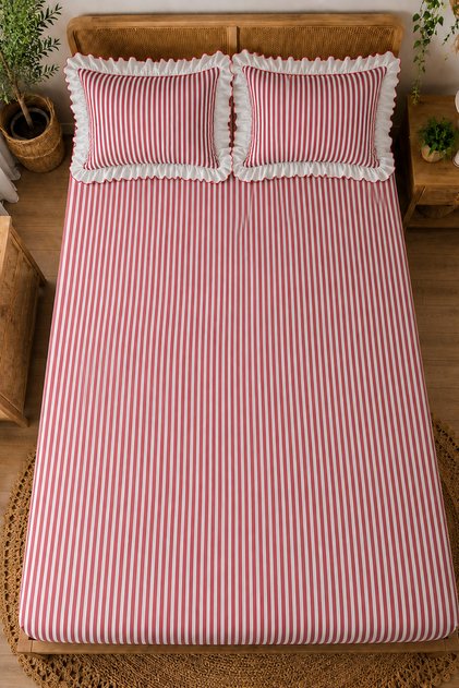 Ruffled Striped Elastic Bed Sheet Set