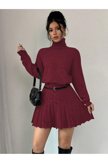 Women's Turtleneck Knitwear Sweater with Pleated Mini Skirt Knitwear Top and Bottom Set