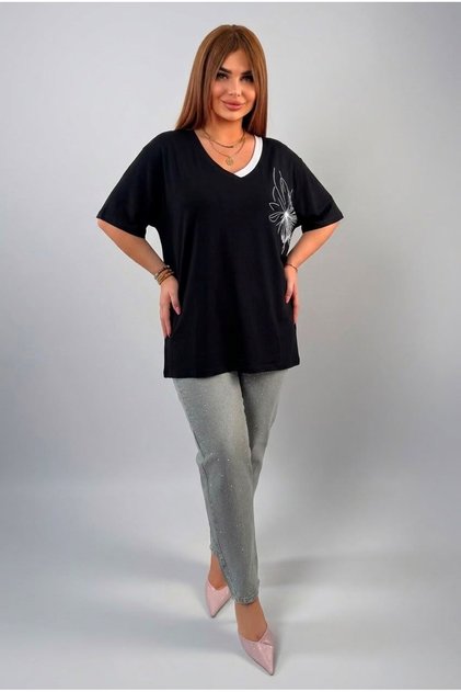 Women's Plus Size Short Sleeve V-Neck Piping Detailed Stone Printed Blouse 2053-26