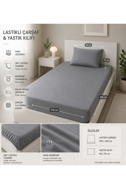 Tekstil Tek Kişilik Ranforce Lastikli Çarşaf Seti 100 x 200 +1 Yastık kılıfı 50x70