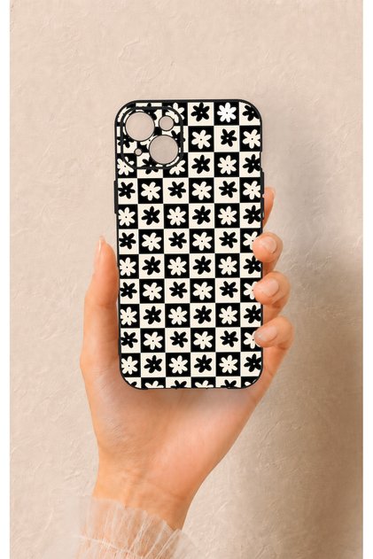 iPhone 14 Plus/15 Plus Compatible Floral Motif Checkered Pattern Silicone Case