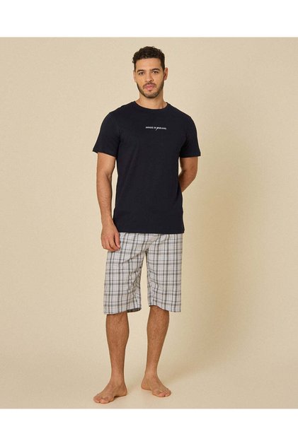 Men Black T-Shirt And White Check Shorts Set