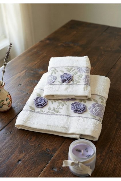 GÜLRU Bambu Elişi Nakışlı Analı Kızlı 1 Adet 50x90 cm ve 1 Adet 30x50 cm Havlu Seti