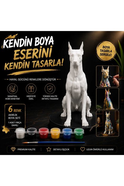 Kendin Boya Doberman Dekoratif Biblo Seti | 6 Renk Akrilik Boya + Fırça Dahil | Ev Dekorasyonu & Hobi Seti