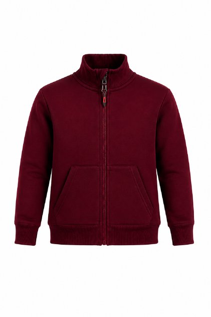 Unisex Premium School Cardigan with Stand Collar and Zipper, Burgundy, 2 Yarns, Non-Shedding Fabric, Comfortable Fit Sweatshirt