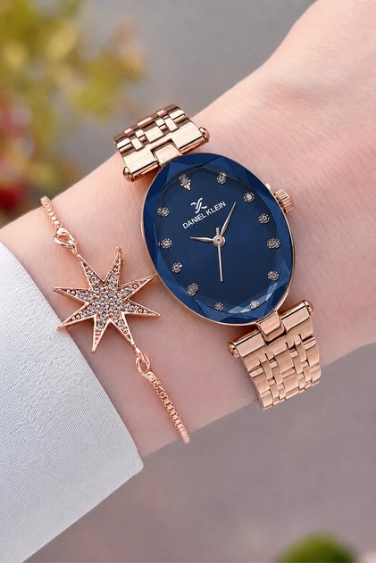 Dial in Navy Blue, Strap in Rose Color, Same as in the Image, 24 mm Women's Wristwatch and Bracelet
