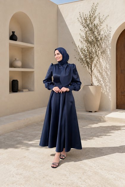 فستان سهرة من الساتان باللون الأزرق الداكن من بيرا