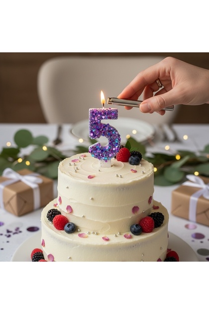 Mor Pullu Pasta Mumu Doğum günü mum 5 yaş
