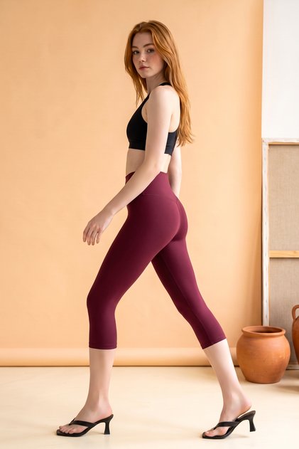 Ds Lara Burgundy Below-Knee Leggings High Waist, Gathering and Stretching Effect