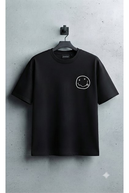 Unisex Black Nirvana Smile Printed Oversize Fit Crew Neck Premium T-Shirt with Chest Detail