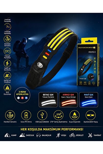 Sensörlü USB Şarjlı COB LED Kafa Feneri 3 Şerit Beyaz Işık 270° Geniş Aydınlatma Kamp Tamir Balıkçılık