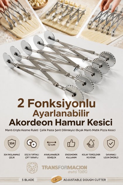 5-Wheel Double-Sided Adjustable Accordion Dough Cutter Ravioli Noodle Cutting Roulette Professional Stainless Steel Pastry Strip Slicer Knife Ravioli Matic Pizza Cutter 723420