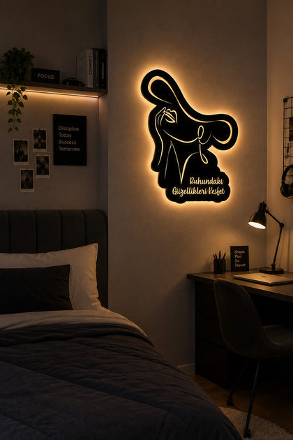 Lucenda LED Işıklı Kadın Silüeti Dekoratif Duvar Tablosu Modern Ahşap LED Tablo Güzellik Merkezi & Genç Oda Dekoru