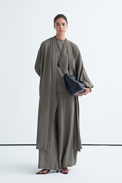 Modal 3'lü Pantolon Bluzlu Abaya Takım Haki