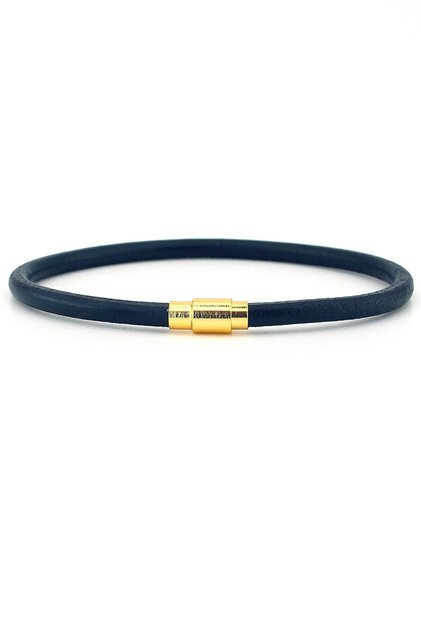 Navy Blue 4mm Thin Genuine Leather Yellow Metal Magnetic Clip Men's Bracelet M067F