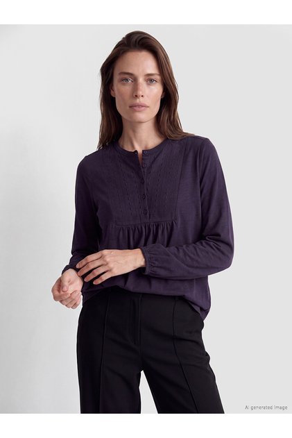 Lcw Grace Purple Crew Neck Embroidered Gathered Blouse