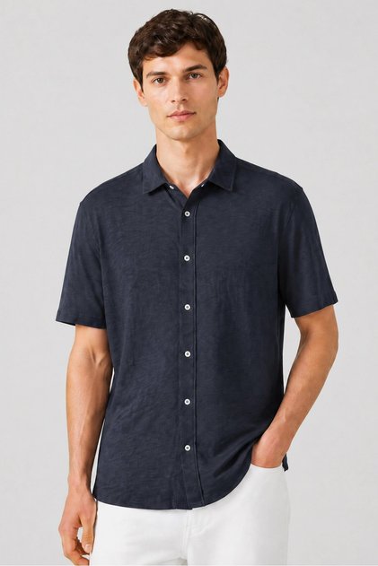 Men Regular Fit Plain Short Sleeve Casual Shirt, Navy